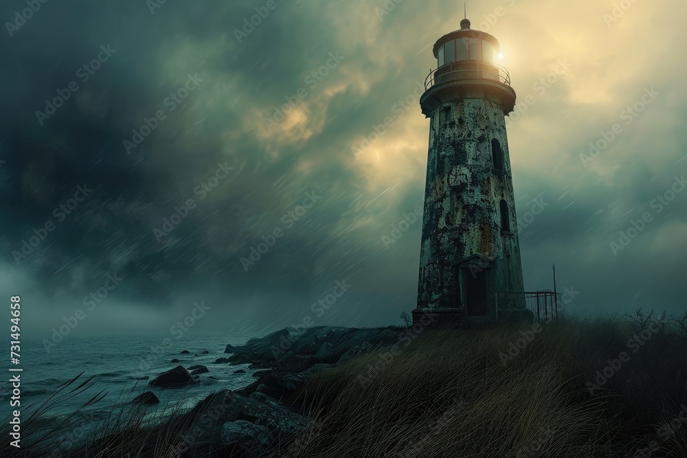 A striking lighthouse stands tall atop a rocky cliff, overlooking the vast ocean, Abandoned lighthouse under stormy skies, AI Generated