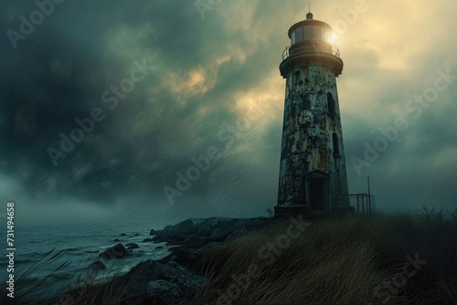 A striking lighthouse stands tall atop a rocky cliff, overlooking the vast ocean, Abandoned lighthouse under stormy skies, AI Generated