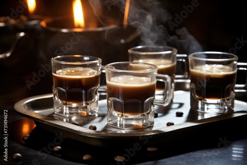 A row of espresso cups filled with freshly brewed shots of espresso. © crazyass