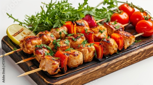 Tasty grilled chicken skewer with vegetables on wooden sticks isolated on white background