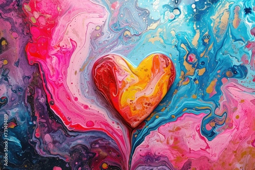 A painting depicting a heart shape on a vibrant and colorful background, Abstract art interpretation of love and romance for Valentineâ€™s Day, AI Generated