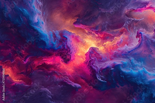 An expressive and vibrant abstract painting featuring dominant hues of purple and blue, Abstract cosmic cloud painted with spectacular colors, AI Generated
