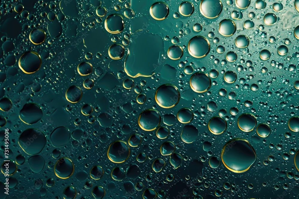 A detailed and up-close view of water droplets resting on the surface of a vibrant green leaf, Abstract droplet pattern on a deep sea-green background, AI Generated A detailed and up-close view of water droplets resting on the surface of a vibrant green leaf, Abstract droplet pattern on a deep sea-green background, AI Generated