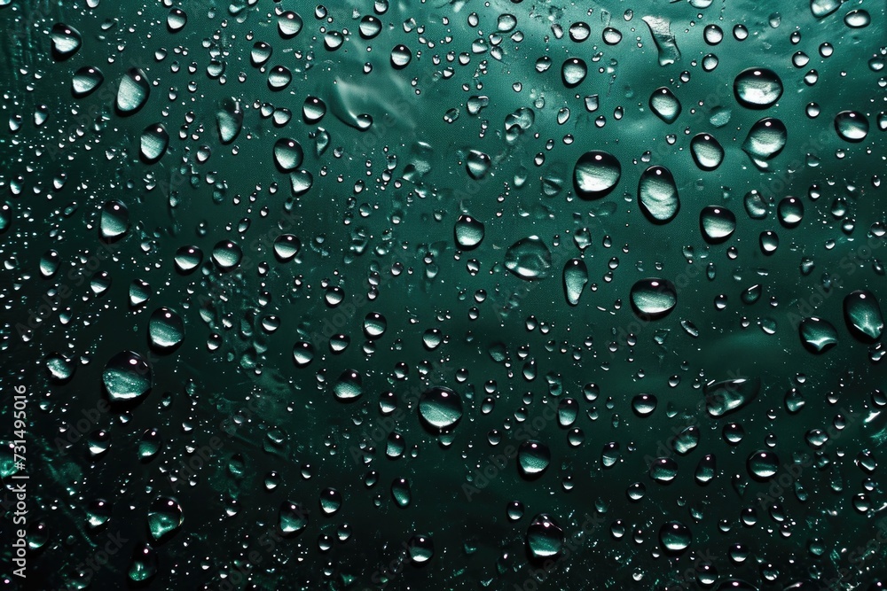 Rain drops create patterns on a windowpane against a vibrant green background, Abstract droplet pattern on a deep sea-green background, AI Generated