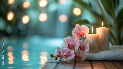 Serene spa ambience with candles and orchids 