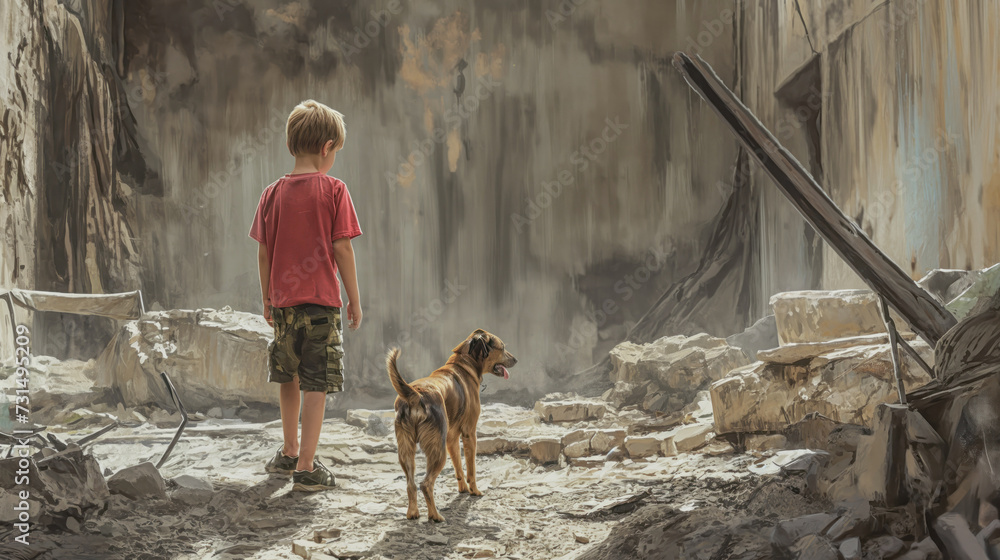 A boy and a dog stand in a destroyed house
