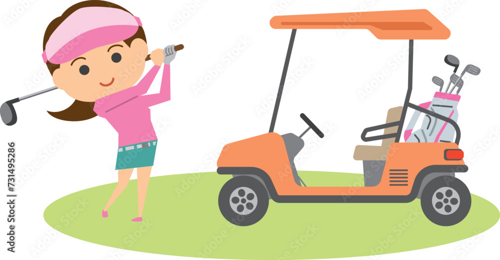 ゴルフをする女性とゴルフカートのイメージイラスト