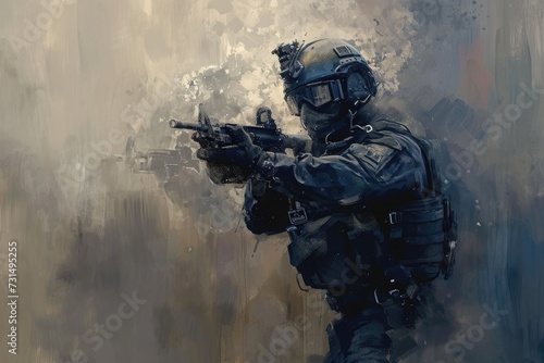 Painting of a Soldier Holding a Gun in Uniform, Abstract interpretation of GIGN (National Gendarmerie Intervention Group) operator in action, AI Generated