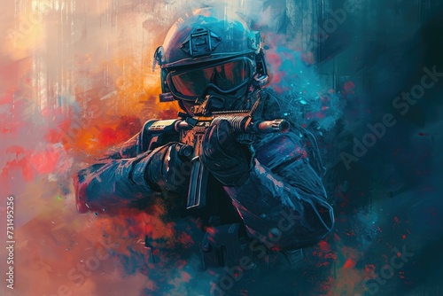 Painting of a Soldier Holding a Rifle in a War Scene  Abstract interpretation of GIGN  National Gendarmerie Intervention Group  operator in action  AI Generated