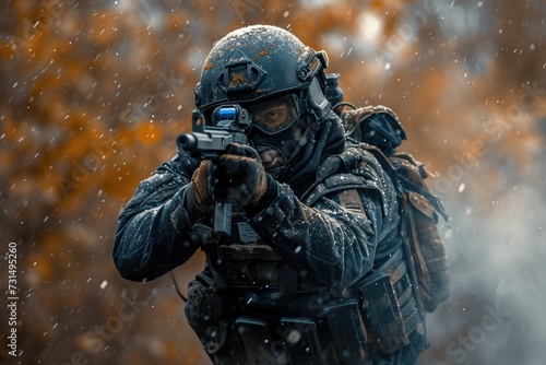 A man holding a gun stands among the snow-covered terrain, Abstract interpretation of GIGN (National Gendarmerie Intervention Group) operator in action, AI Generated photo