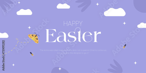 Elegant banner template for Easter Egg hunt . Greeting card, poster or banner with bunny, flowers and Easter egg. Spring background
