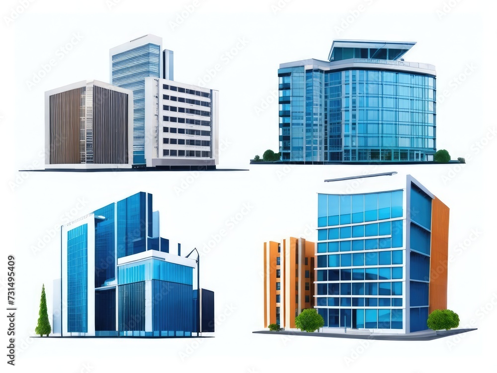 Different styles of modern buildings isolated on white background, high rise buildings.