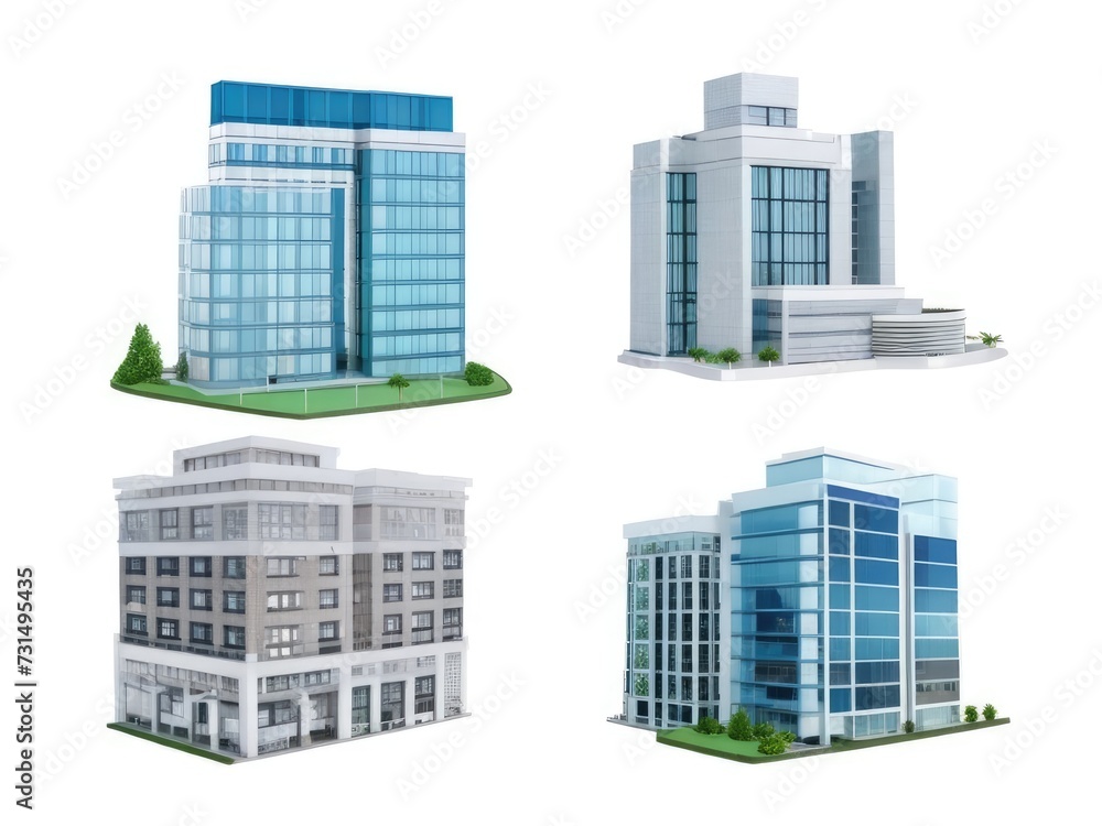 Different styles of modern buildings isolated on white background, high rise buildings. Different styles of modern buildings isolated on white background, high rise buildings.
