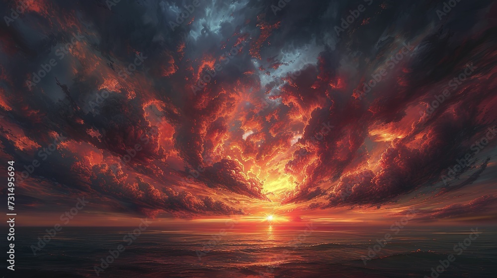 An awe-inspiring scene of a dark, dramatic sky meeting the horizon during an epic sunset