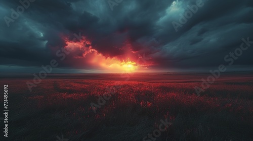 An awe-inspiring scene of a dark, dramatic sky meeting the horizon during an epic sunset © Thanthara