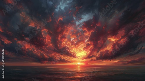 An awe-inspiring scene of a dark  dramatic sky meeting the horizon during an epic sunset