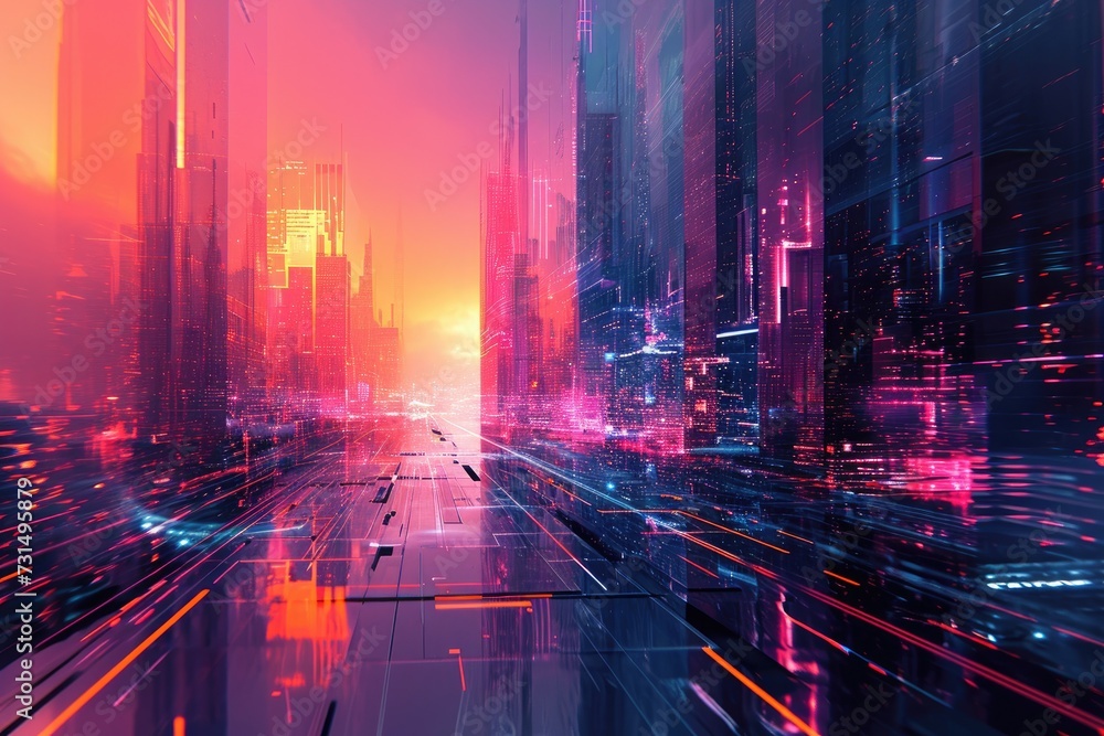 A bustling metropolis with vibrant neon lights illuminating the towering futuristic buildings and busy streets, Abstract shapes morphing into a futuristic city under a neon sky, AI Generated