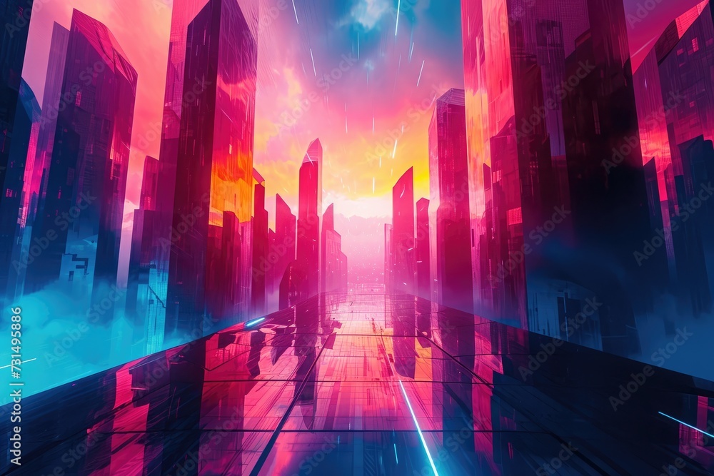 A digital painting showcasing a futuristic city in the warm hues of a sunset, Abstract shapes morphing into a futuristic city under a neon sky, AI Generated