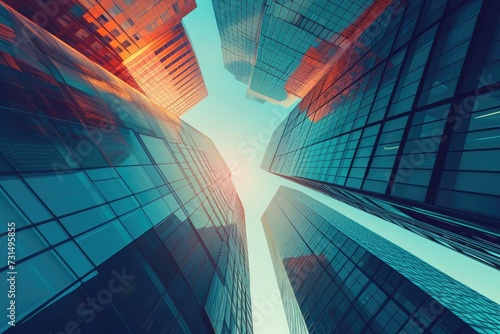An upward perspective of tall buildings reaching towards the sky in a bustling city  Abstract representation of urban skyscrapers  AI Generated