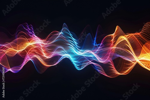 A visually striking and dynamic wave of bright, vibrant colors illuminating a black backdrop, Abstract visualization of sound waves in multicolor on a black background, AI Generated