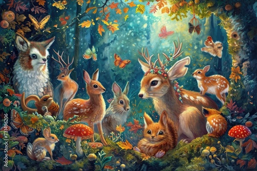 A painting depicting a vibrant forest teeming with various animals, including mammals, birds, and insects, Adorable woodland creatures gathered for a festive celebration, AI Generated © Iftikhar alam
