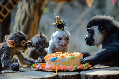 A gathering of several monkeys sitting around a cake, possibly celebrating an event at the zoo, Adorable zoo animals ready for a birthday bash, AI Generated photo