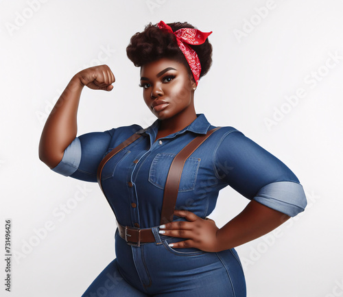 Confident and strong black woman dressed as Rosie the Riveter, flexing her muscles to highlight positive body image photo