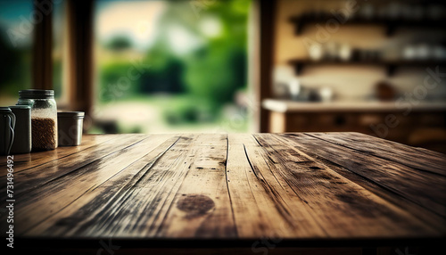 Empty old wooden table with kitchen in background photo