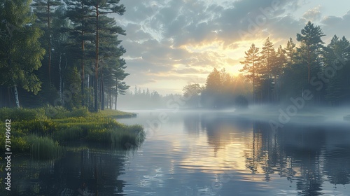 Beautiful morning landscape with a forest and a river 