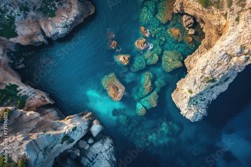 Aerial View of Body of Water Surrounded by Rocks, Aerial depiction of vivid, deep blue sea surrounding rocky formations, AI Generated
