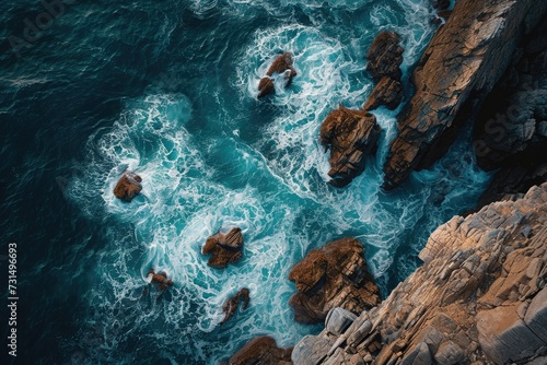 This aerial photo captures the powerful crash of ocean waves against the rugged rocks, Aerial display of a moody sea weaving around boulder-strewn coastlines, AI Generated