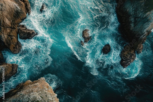 Aerial View of the Turquoise Ocean Waves Crash Against Rocky Coastline, Aerial display of a moody sea weaving around boulder-strewn coastlines, AI Generated