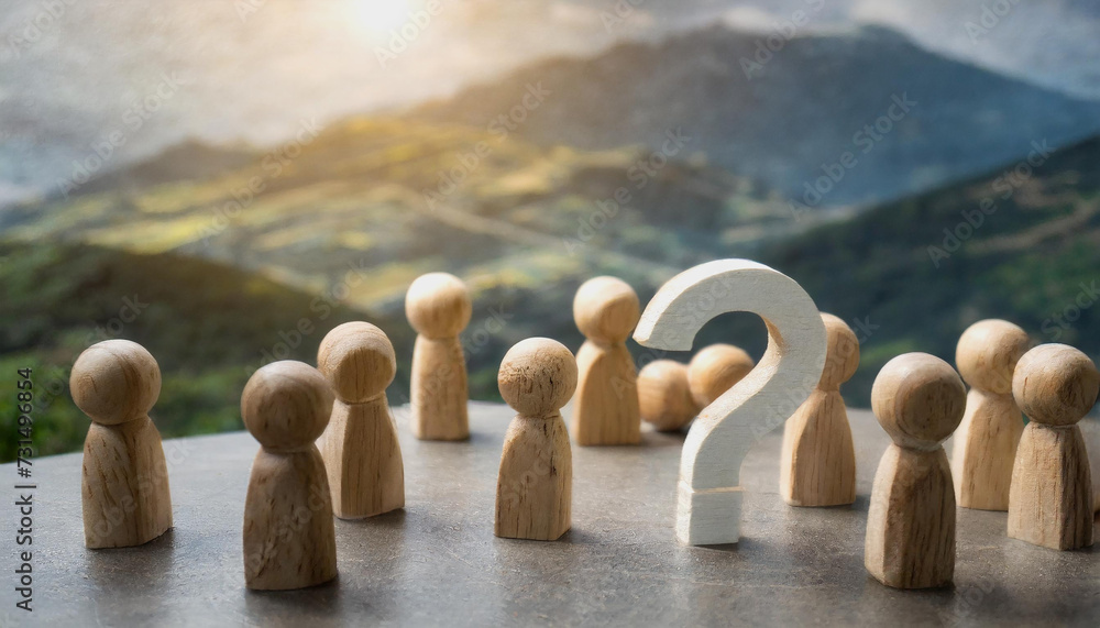 A group of wooden figures standing on a plane in different positions and distances from the center