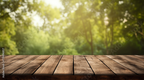 Empty wooden table with forest background