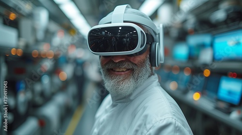 To analyze and make decisions on work involving industrial concepts, technology, and innovation, professional engineers wear virtual reality glasses to view various data. Generative AI