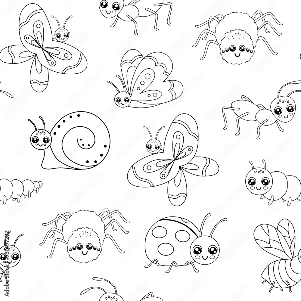 Hand drawn vector monochrome seamless pattern with cute outline ant and butterfly isolated on white background. Funny insect for kids. Cartoon vector line backdrop Hand drawn vector monochrome seamless pattern with cute outline ant and butterfly isolated on white background. Funny insect for kids. Cartoon vector line backdrop