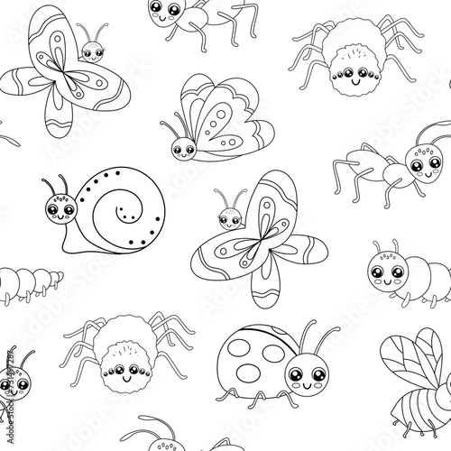 Hand drawn vector monochrome seamless pattern with cute outline ant and butterfly isolated on white background. Funny insect for kids. Cartoon vector line backdrop