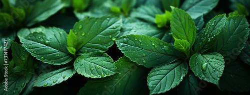 A beautiful macro closeup image of green natural plant leaves in a rain water dews on it photo