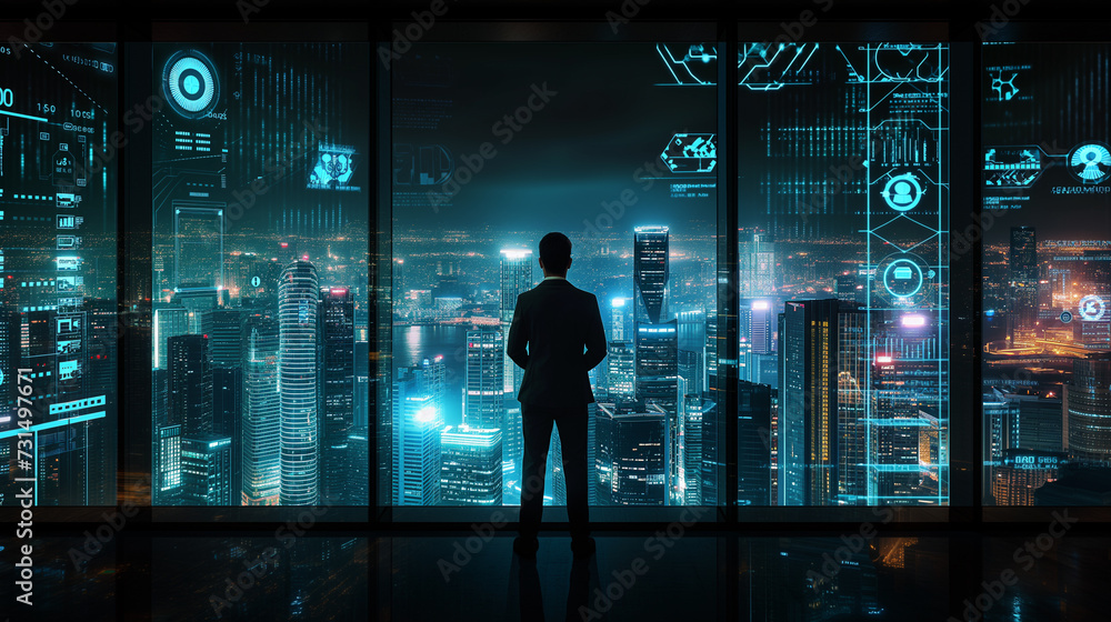 Contemplative person silhouette against a futuristic cityscape at night, urban dreamscape concept Contemplative person silhouette against a futuristic cityscape at night, urban dreamscape concept