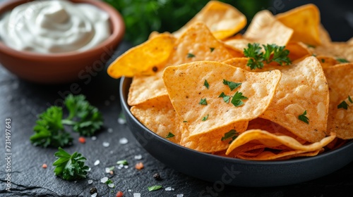 Potato chips with sour cream and parsley on a black background photo