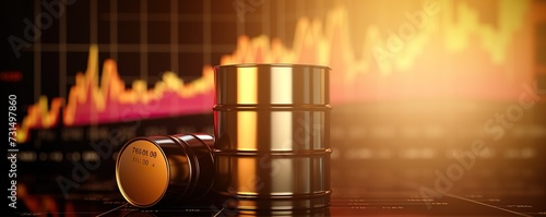 Barrels on he background of stock market, price per barrel oil sale photo