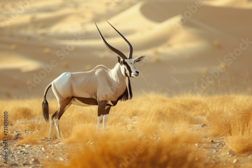 Arabian oryx antelope standing in the middle of a desert