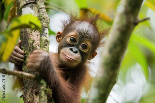 Baby orangutan in his natural environment in the rainforest
