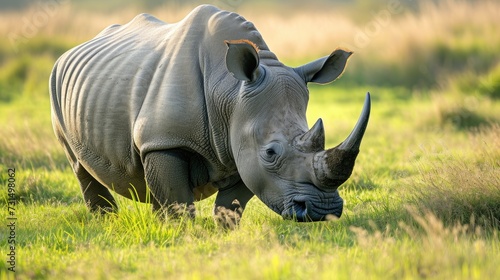 White rhinoceros grazing in a grass field.