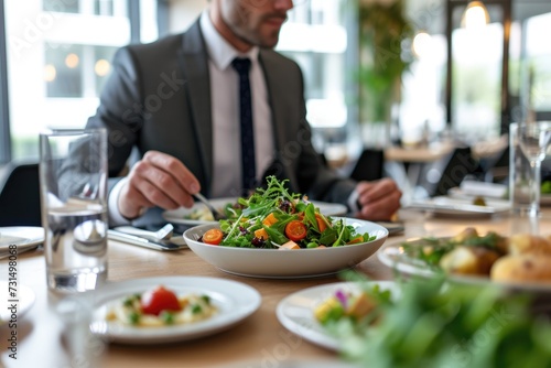 Businessman at working place with vegetable salad in bowl and fork in hand  diet and eating right concept.