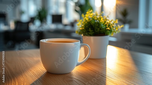 Background from cups of coffee on table in the blur office in the background © Media Srock