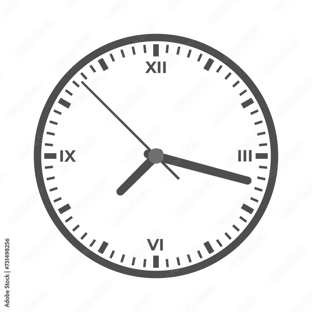 Modern illustration of round clock with Roman numerals. Simple illustration of wall clock in minimalistic style. Modern illustration of round clock with Roman numerals. Simple illustration of wall clock in minimalistic style.