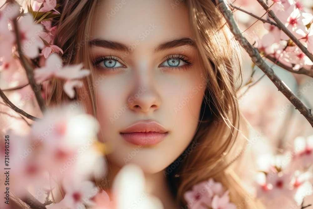 Beautiful girl posing near sakura flowers as background, face closeup, springtime. Beautiful girl posing near sakura flowers as background, face closeup, springtime.