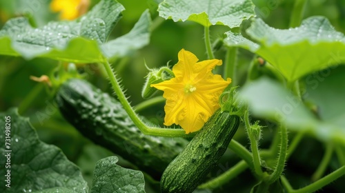 Young plant cucumber with yellow flowers. Juicy fresh cucumber close-up macro on a background of leaves.