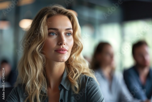 Blond woman, sporting a business casual look, confidently leading a team meeting in a modern office